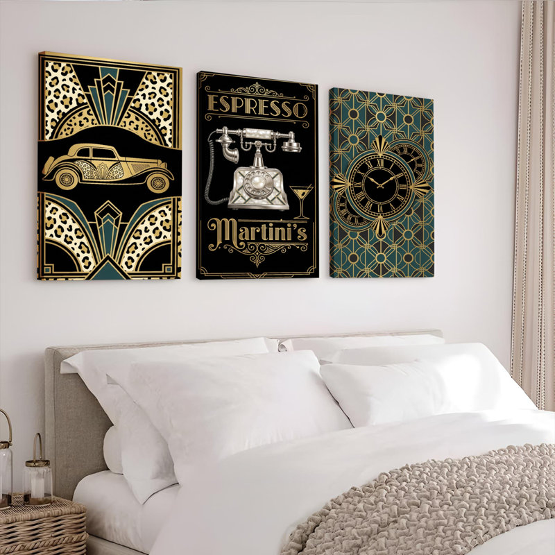 Ensemble de 3 tableaux muraux Art Déco : Horloge Espresso Martini Léopard Voiture, H 36 po x l 72 po