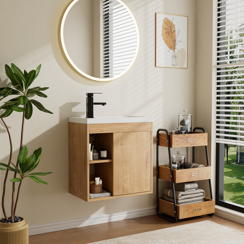 Petit meuble-lavabo mural 20 po avec lavabo intégré, robinet et drain, Chêne