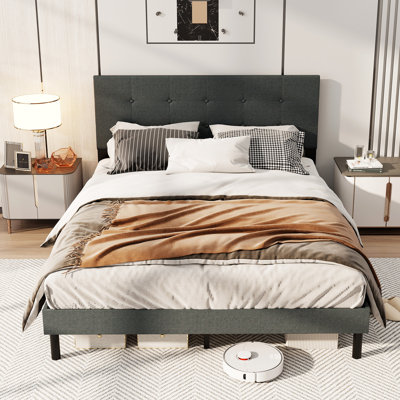 Queen Size Bed Frame Linen Upholstered Platform Bed Frame With Tufted Headboard