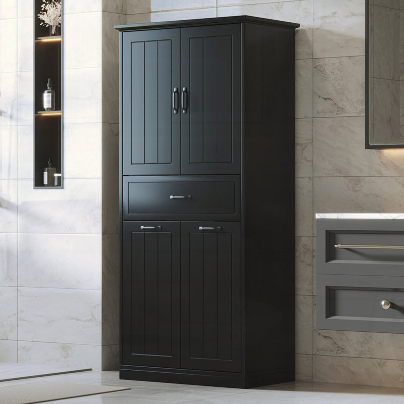 Armoire de rangement pour salle de bain avec deux paniers à linge, armoire de rangement avec portes et tiroir, Noir