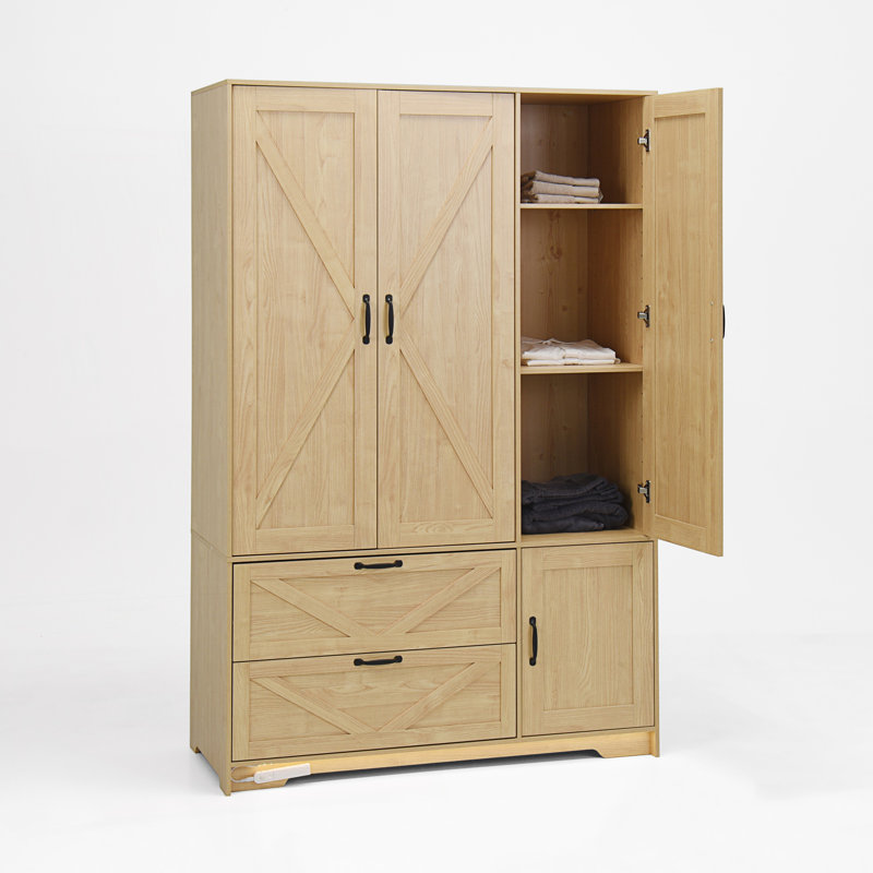 Armoire 4 portes avec miroir, armoire à DEL avec portes et 2 tiroirs, Naturel