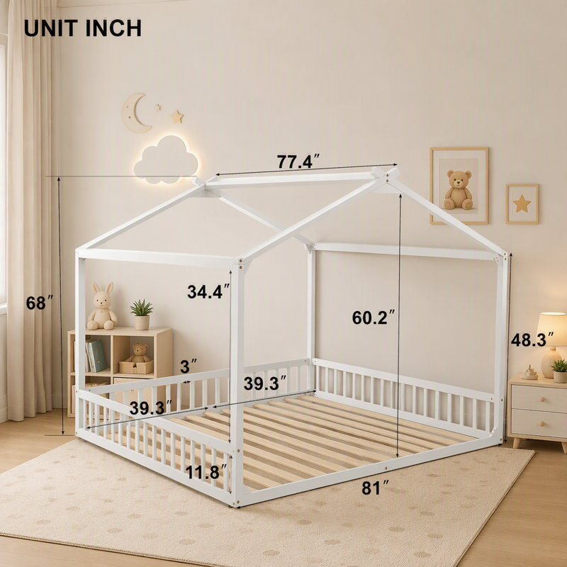 Lit simple double en forme de maison avec garde-corps de sécurité, Blanc