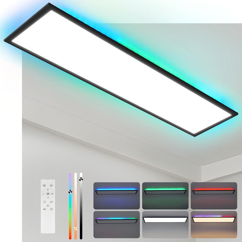 LED panel 100x25 ceiling light - dimmable ceiling panel RGB color change long ceiling lamp flat with remote control large 24W black rectangular office lamp ceiling for office playroom living room