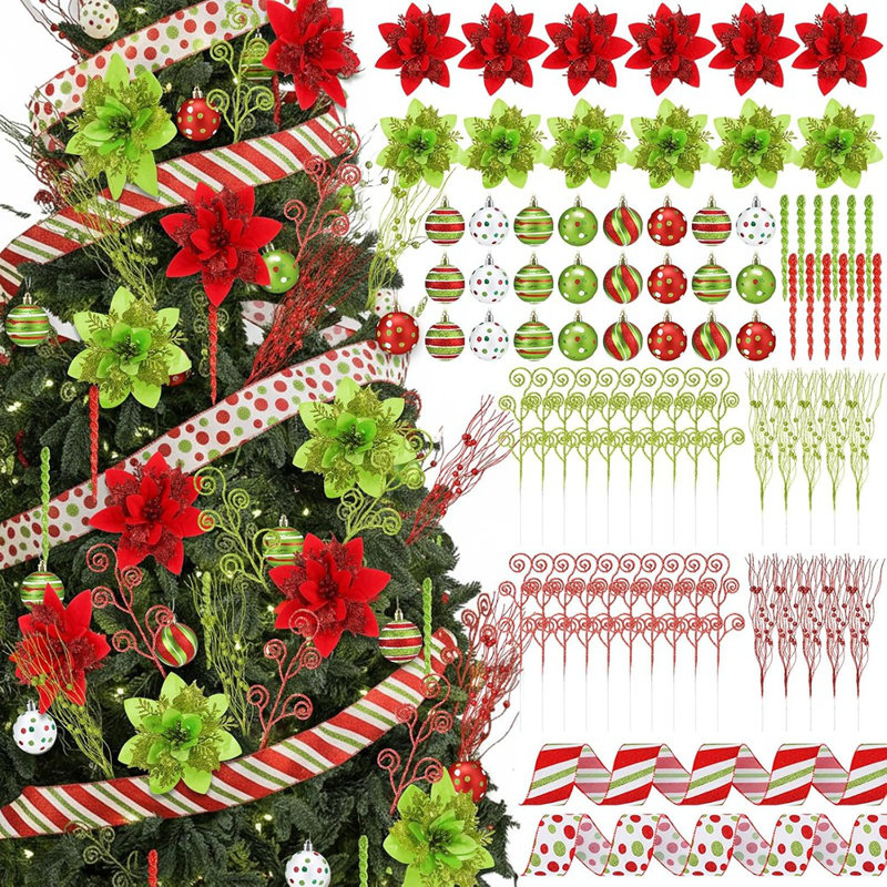 Un ensemble de 80 décorations d'arbre de Noël vert lime rouge comprend 12 fleurs, 30 branches, 2 rubans roulants, 12 glaçons suspendus et 24 boules scintillantes vert lime pour le premier décor d'arbre de Noël