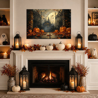Art automnal d'automne d'Halloween, château d'Halloween gothique, château d'Halloween, toile d'Halloween, galerie effrayante enveloppée pour la maison saisonnière de l'entrée, 12 po x 18 po