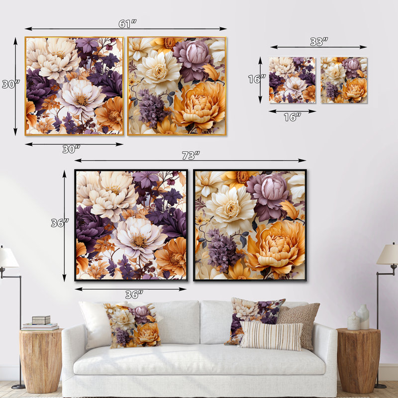 Celine - Ensemble de 2 collages carrés floraux, Cadre flottant noir, H 16 po x l 33 po