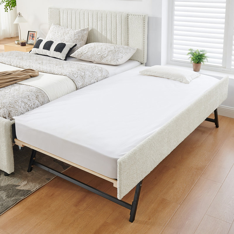 Conception multifonctionnelle avec 2 tiroirs de rangement et un lit gigogne coulissant, Beige, Queen