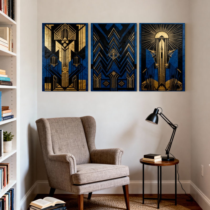 Abstrait art déco géométrique bleu et or, ensemble de 3 impressions murales sur toile, H 18 po x l 36 po