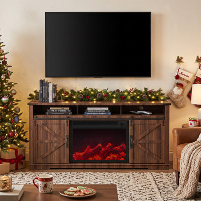 Meuble télé de style champêtre avec foyer électronique, armoires à portes coulissantes et compartiments de rangement multiples, pour console multimédia de salon