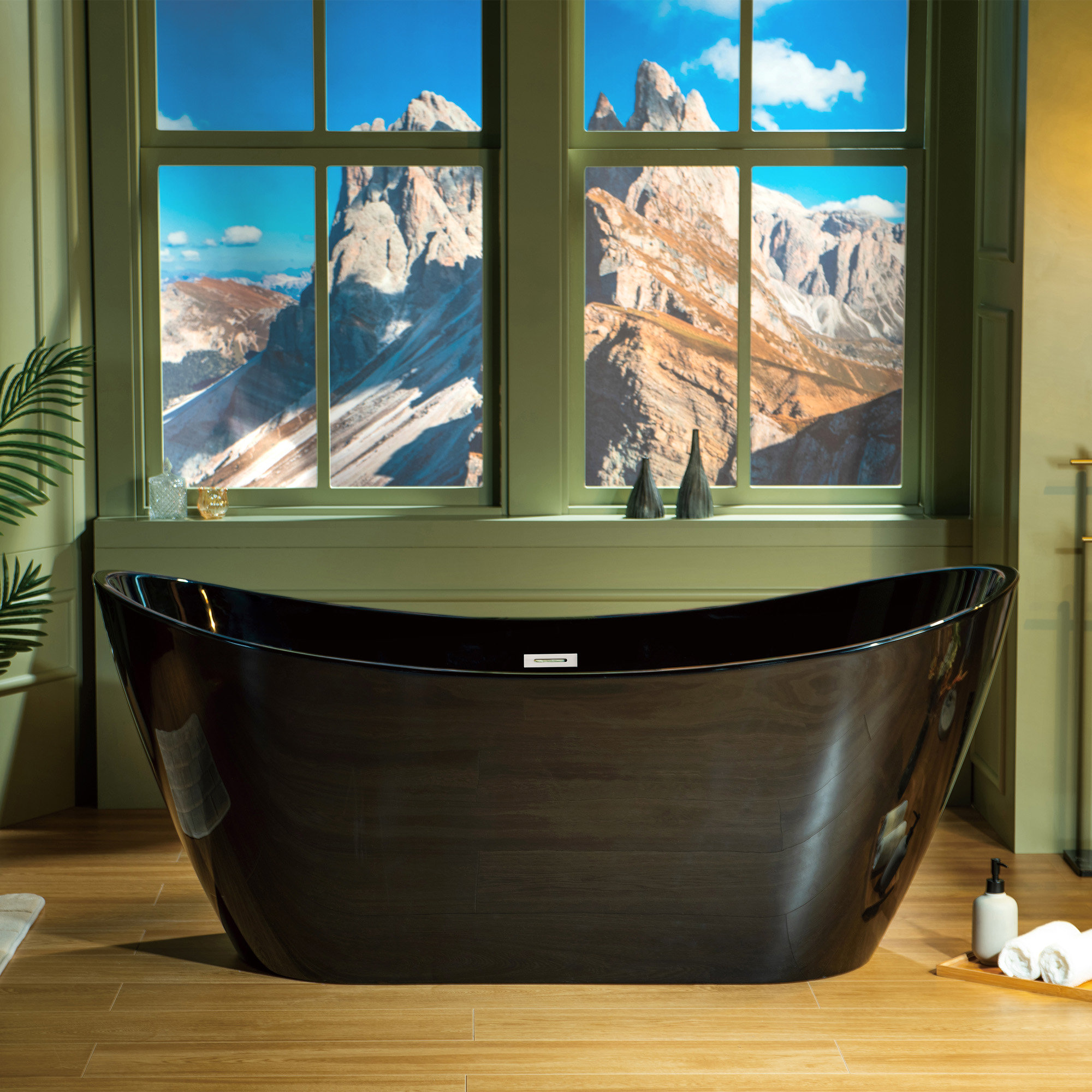 67'' x 32'' Freestanding Soaking Acrylic Bathtub, Chrome, Glossy Black