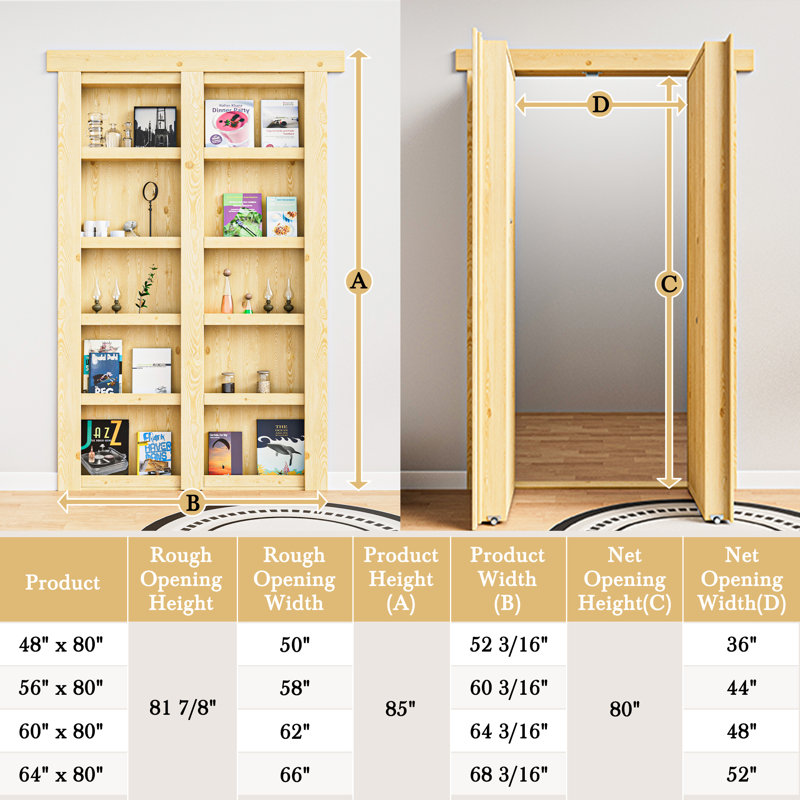 Porte cachée 48 po x 80 po avec bibliothèque à assemblage universel / réversible 48 po x 80 po, 48 po x 80 po, 2
