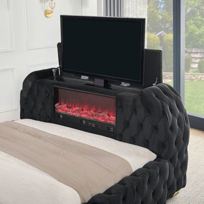 Ensemble de lit luxueux pour grand lit 3 pièces Comfort Design innovant Lit tête de lit capitonnée en velours noir Téléviseur Foyer électrique encastré Mobilier de chambre à coucher Lit 1 x 2 tables de chevet