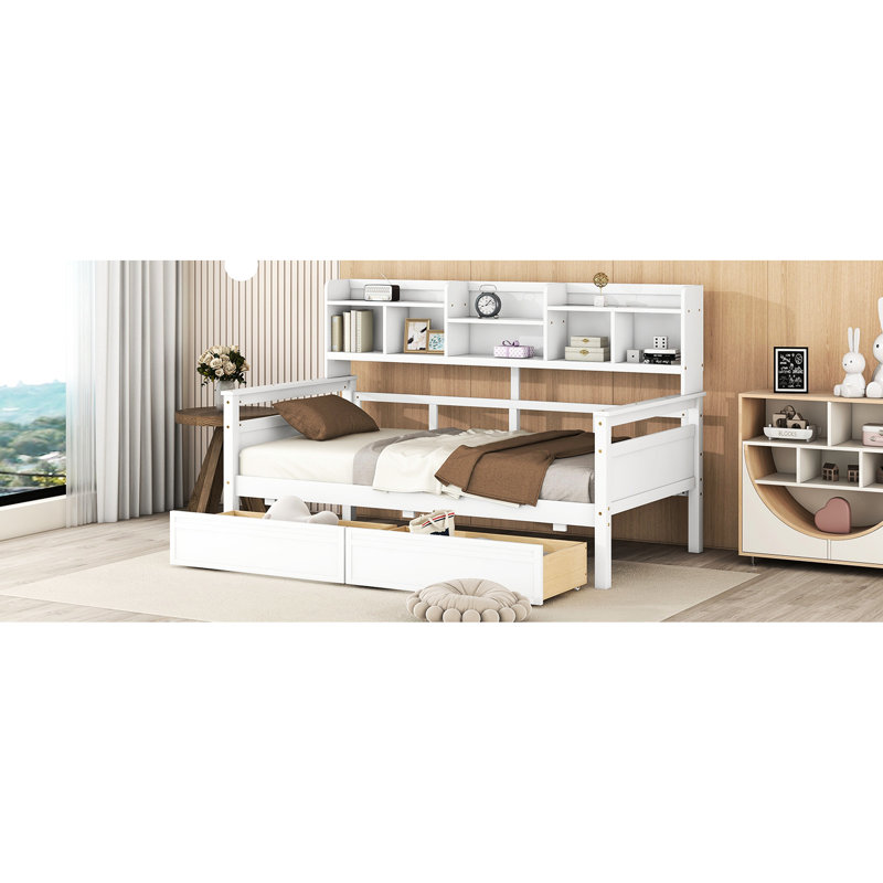 Twin Daybed With White Color, Bedside Shelves, Wood Slat Support, And Two Drawers - A Well Made Furniture Piece Designed Product