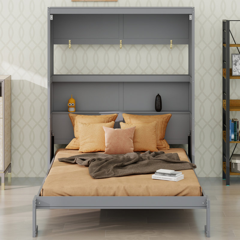 Lit mural multifonctionnel avec tablettes, parfait pour les petits appartements, Gris
