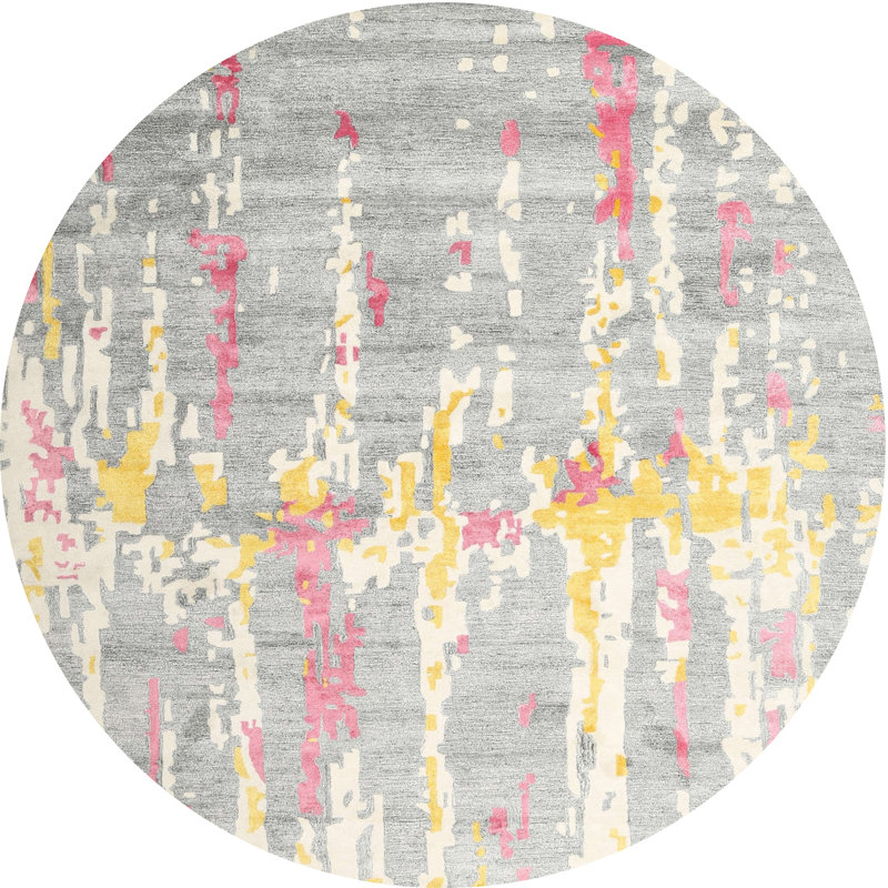 Tapis gris/rose zone contemporaine, Rond 7 pi x 7 pi
