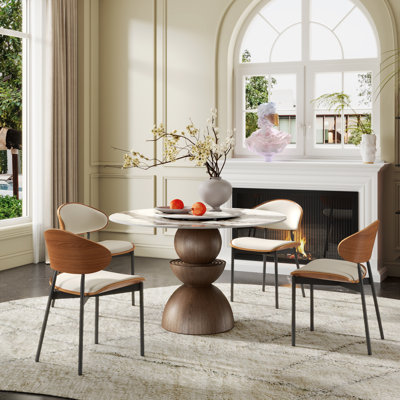 5 Pcs Modern Round Sintered Stone Dining Table Sets with Removable Lazy Susan & Comfort PU Leather Kitchen Chairs For 4
