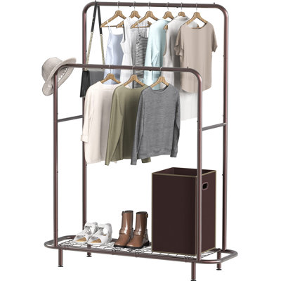 Portant à vêtements à double tringle avec tablettes inférieures, bronze