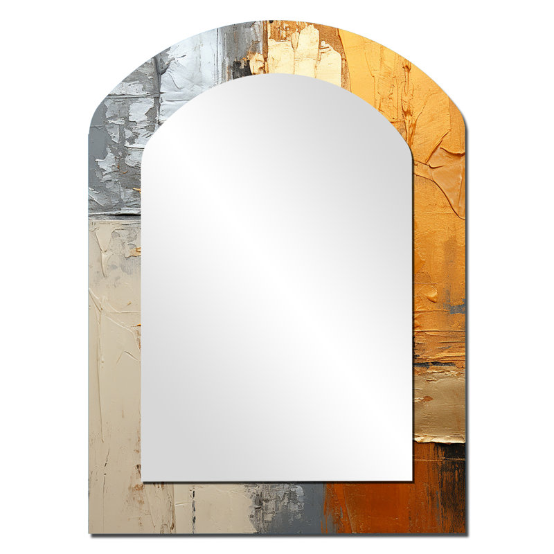 Gold Grey Gleaming Geometry XV - Abstract Collages Arch Large Wall Mirror, Modern Asymmetrical Unique Mirror, Printed Metal Art