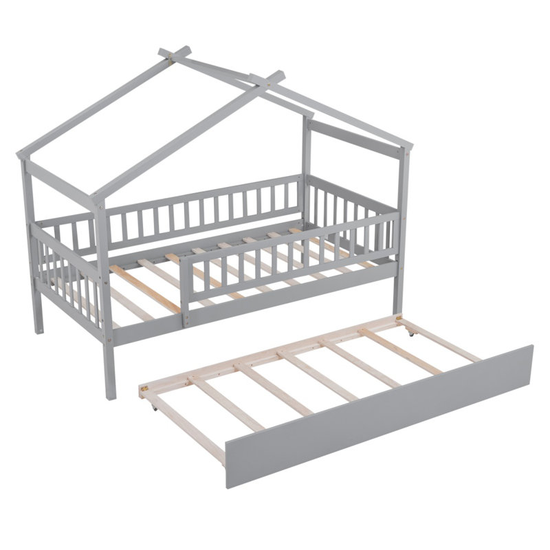 Lit plateforme simple avec lit gigogne et toit en bois de pin massif