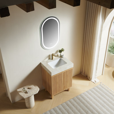 Meuble-lavabo Lula 24, sur pied, comptoir en pierre frittée couleur crème veinée or et lavabo en céramique avec 1 trou pré-percé pour robinetterie, démonté, sans robinetterie ni bonde, couleur bois naturel
