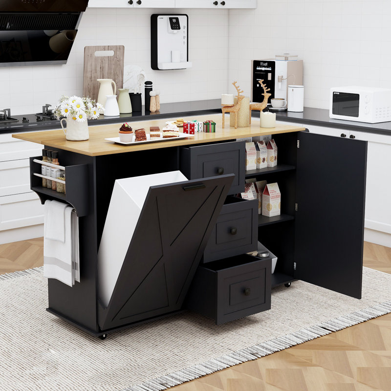 Rolling Kitchen Island With Drop Leaf, Trash Can Cabinet, Drawers And Storage, Black, Black