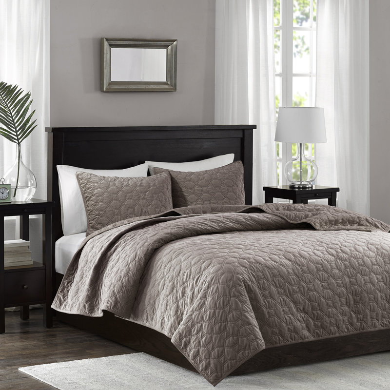 3 pièces de courtepointe en velours taupe double / grand - courtepointe géométrique pour des nuits relaxantes et élégantes, 1 et 2 taies décoratives
