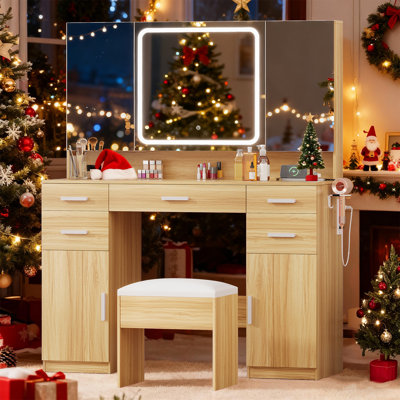 Vanity Desk with Mirror and Lights, Vanity Tables with 7 Drawers, Makeup Vanity with Tri-Folding 3 Colors Lighting Mirror and Cushioned Stool, Big Vanities Perfect for Bedroom, White
