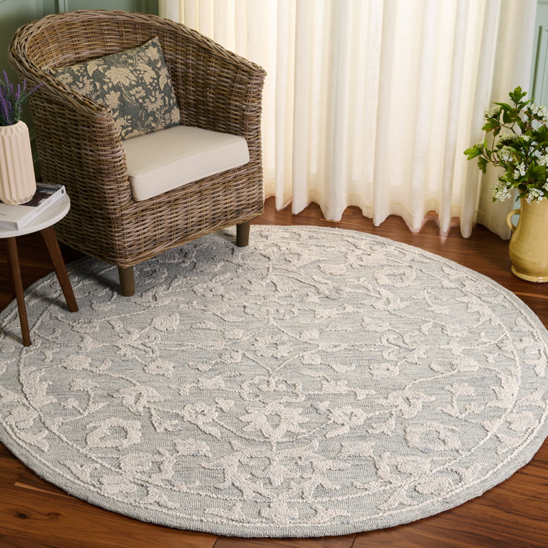 Abstract 285 Hand Tufted Wool/Cotton Floral Rug in Light Gray/Ivory, Round 6'