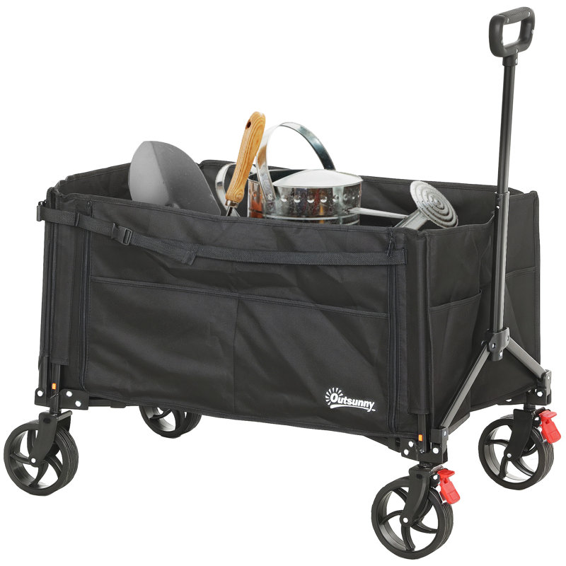 Outsunny Folding Trolley on Wheels, Garden Cart with Openable Sides, Black
