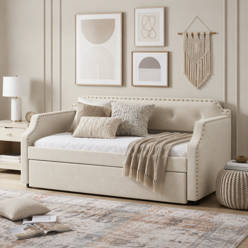 Lit de jour rembourré avec couchette et finition en lin élégant, Beige