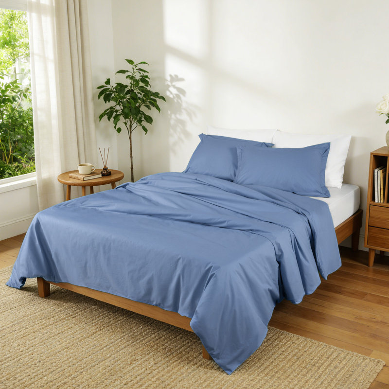 100% Cotton Percale 250 TC Duvet Cover Set With Pillow Sham(S), Full Duvet Cover + 2 Standard Shams, Stormy Blue