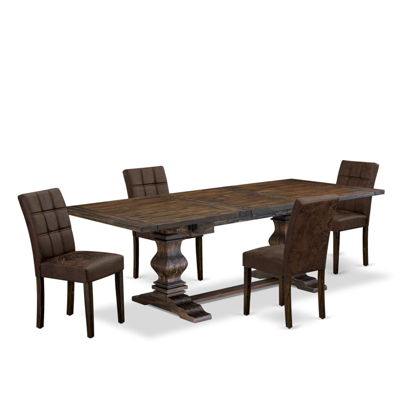L'ensemble de salle à manger 5 pièces comprend une table en bois et 4 chaises rembourrées en polyester texturé noir, jacobine vieilli