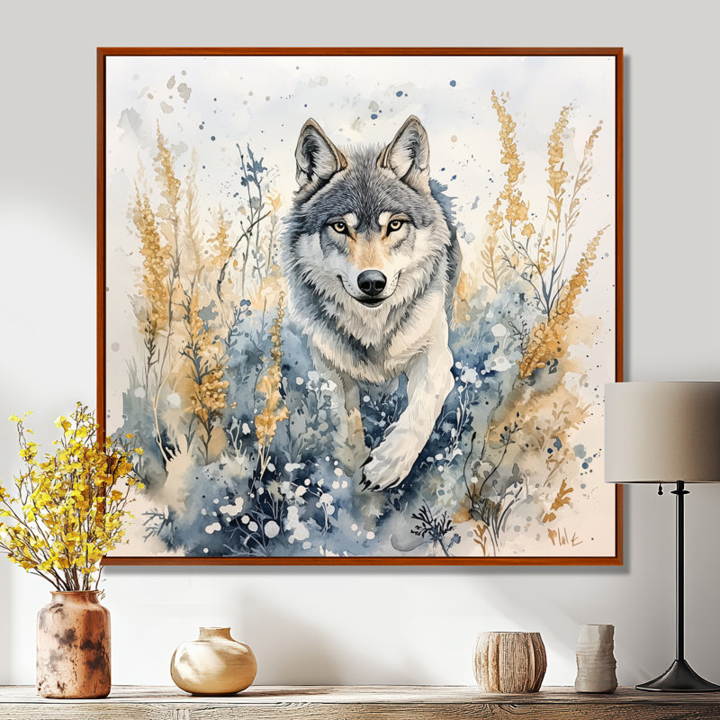 Loup qui court dans la prairie II - Décoration murale loup, Impression dans un cadre flottant sans passe-parto, Brun