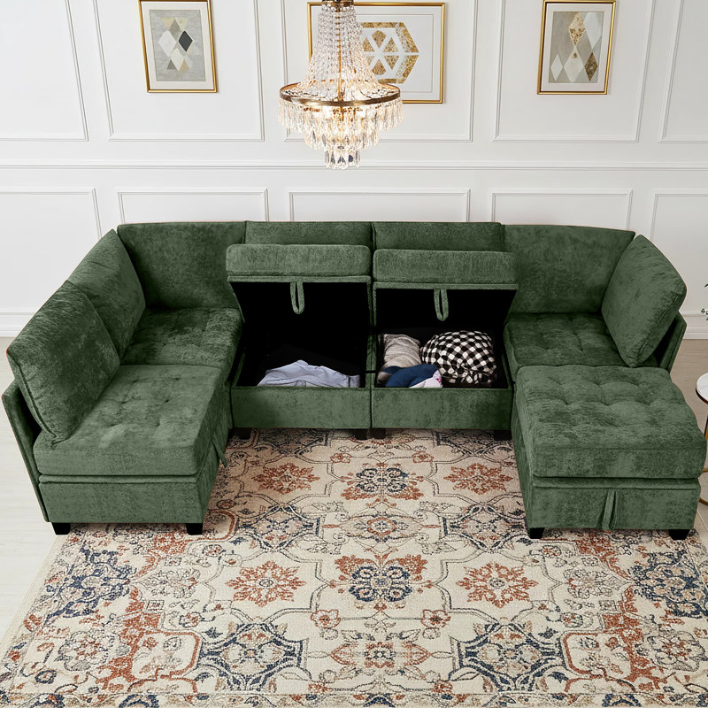 Canapé modulaire en chenille 6 pièces avec siège de rangement et canapé modulaire 6 pièces, Vert