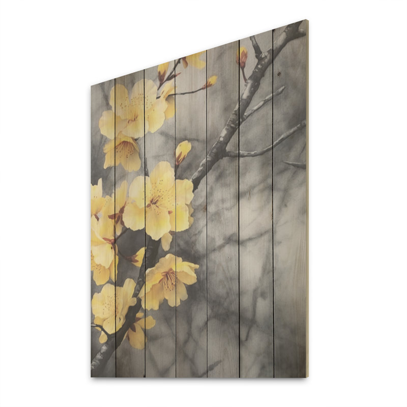 Fleurs de cerisier jaunes et grises - Art mural en bois de cerisier sur bois de pin naturel, H 20 po x l 10 po