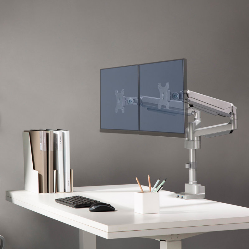 Gray Dual Monitor Arm with USB Ports and Adjustable Swivel