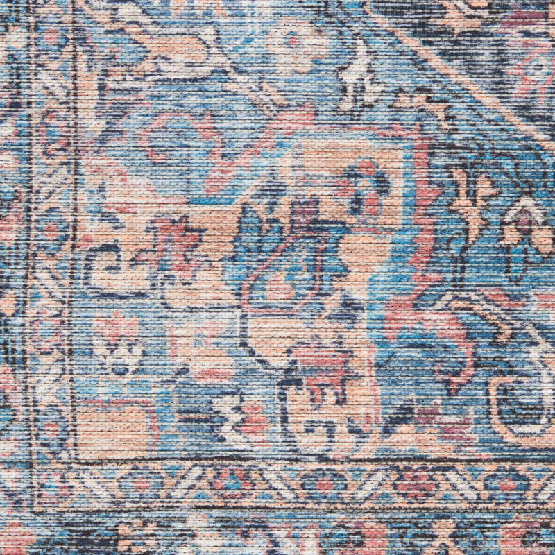 Medallion Machine Washable Polyester Area Rug in Light Blue/Orange/Gray, Rectangle 5'3" x 7'3"
