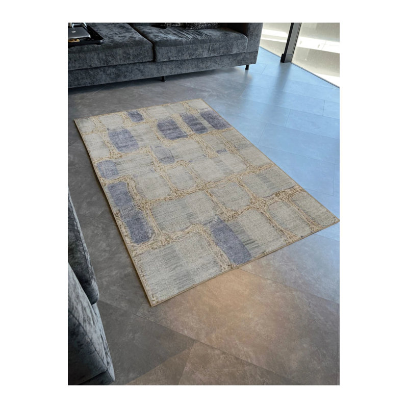 Blue Beige Themed Geometric Patterned Creative Modern Decorative Carpet, Rectangle 4'8" x 6'7"