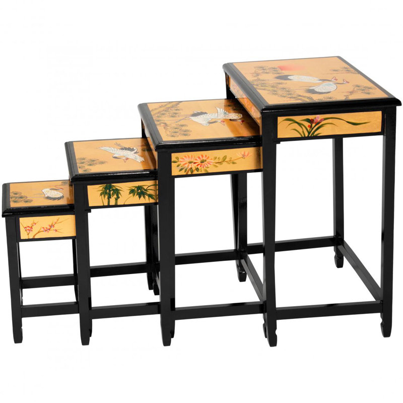 Gold Lacquer Cranes Design Nesting Tables Set