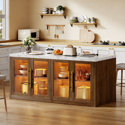 55" Kitchen Island with Storage, Rolling Kitchen Cart with Power Outlet & LED Light (Without Chair)