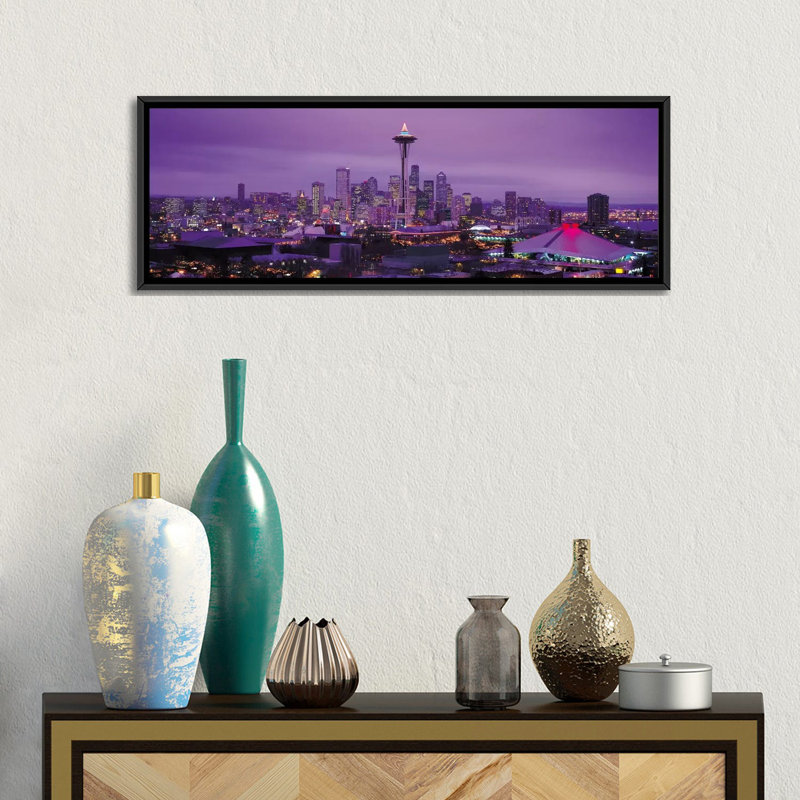Cityscape panoramique avec horizon panoramique seattle, reproduction de photo sur toile en mauve, Toile tendue
