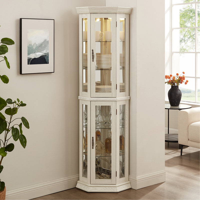 Lighted Corner Curio Cabinet - Glass Display Shelf With Tempered Glass Doors, Adjustable Shelving, And Included Bead Bulb - Ideal Bar Cabinet For Home Decor- WHITE