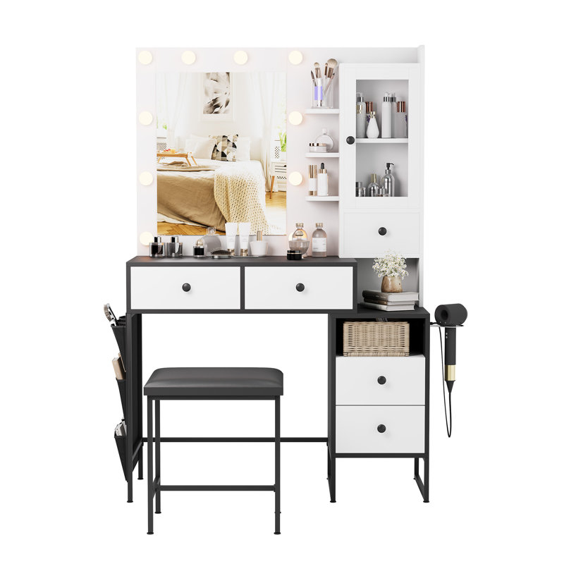 Ensemble de coiffeuse avec lumière DEL, grand miroir, 5 tiroirs, port USB - Ensemble de coiffeuse pour la chambre