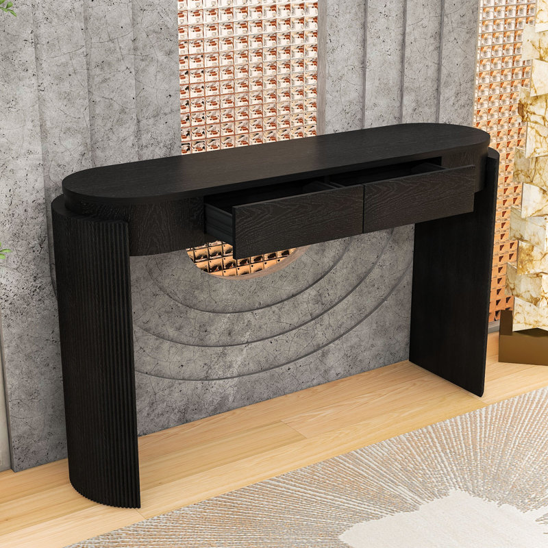 Élégante table d'entrée ovale avec finition grain de bois et rangement, Noir
