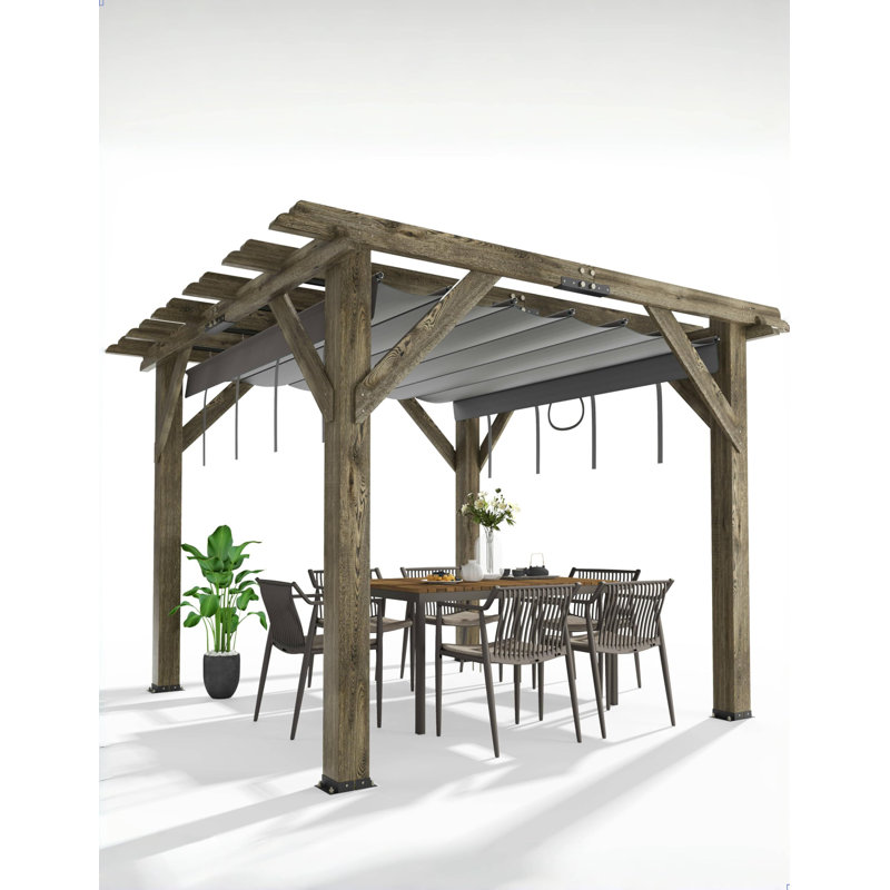 Gray Cedar Wood Pergola with Retractable Shade Canopy
