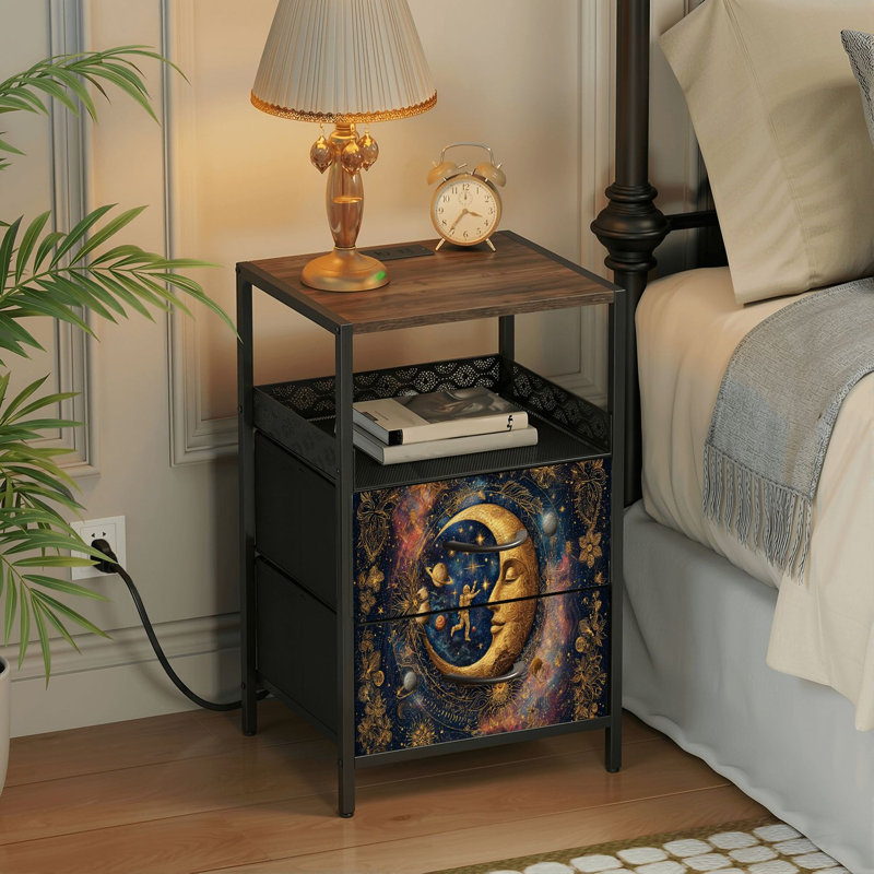 Table de chevet 2 tiroirs avec station de charge, table de chevet de chambre à coucher avec ports USB et prises USB