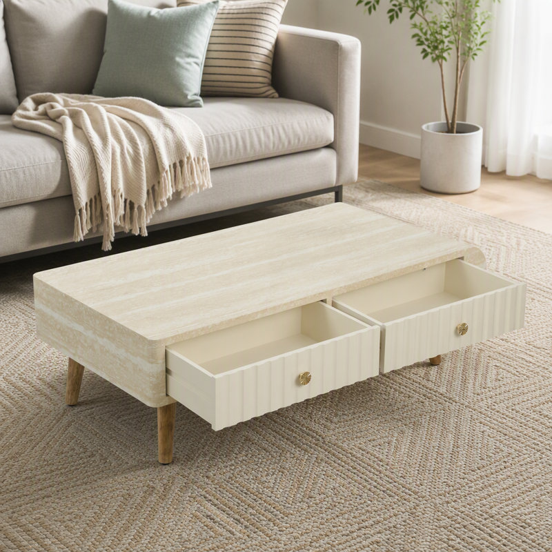 Table basse avec plateau en faux marbre, table basse moderne Mid-Century avec tiroir cannelé et pieds en bois massif, table basse pour salon, salle à manger, bureau