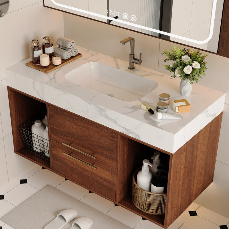 Meuble-lavabo mural flottant de 39,4 po avec lavabo en céramique, 2 tablettes ouvertes, pierre frittée blanche, conception moderne pour une utilisation de l'espace