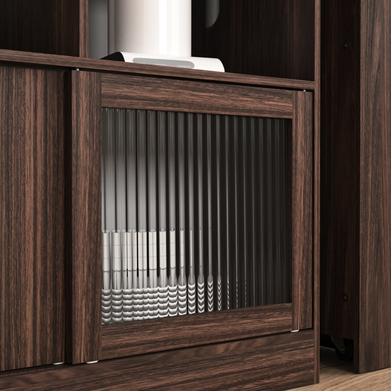 Armoire de bar moderne en noyer avec 6 boîtes de rangement et une étagère à condiments rotatifs, noyer, espaces 2 portes en verre