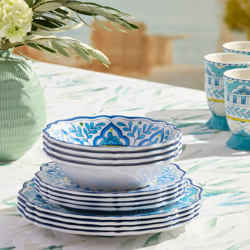 Porto 12pc Melamine Dinnerware Set for 4 – artistically designed Talavera Tile Art, Turquoise Blue Yellow Mandala, Shatterproof Outdoor Plates Bowls, Mediterranean Patio Dining, Poolside Entertaining Magic